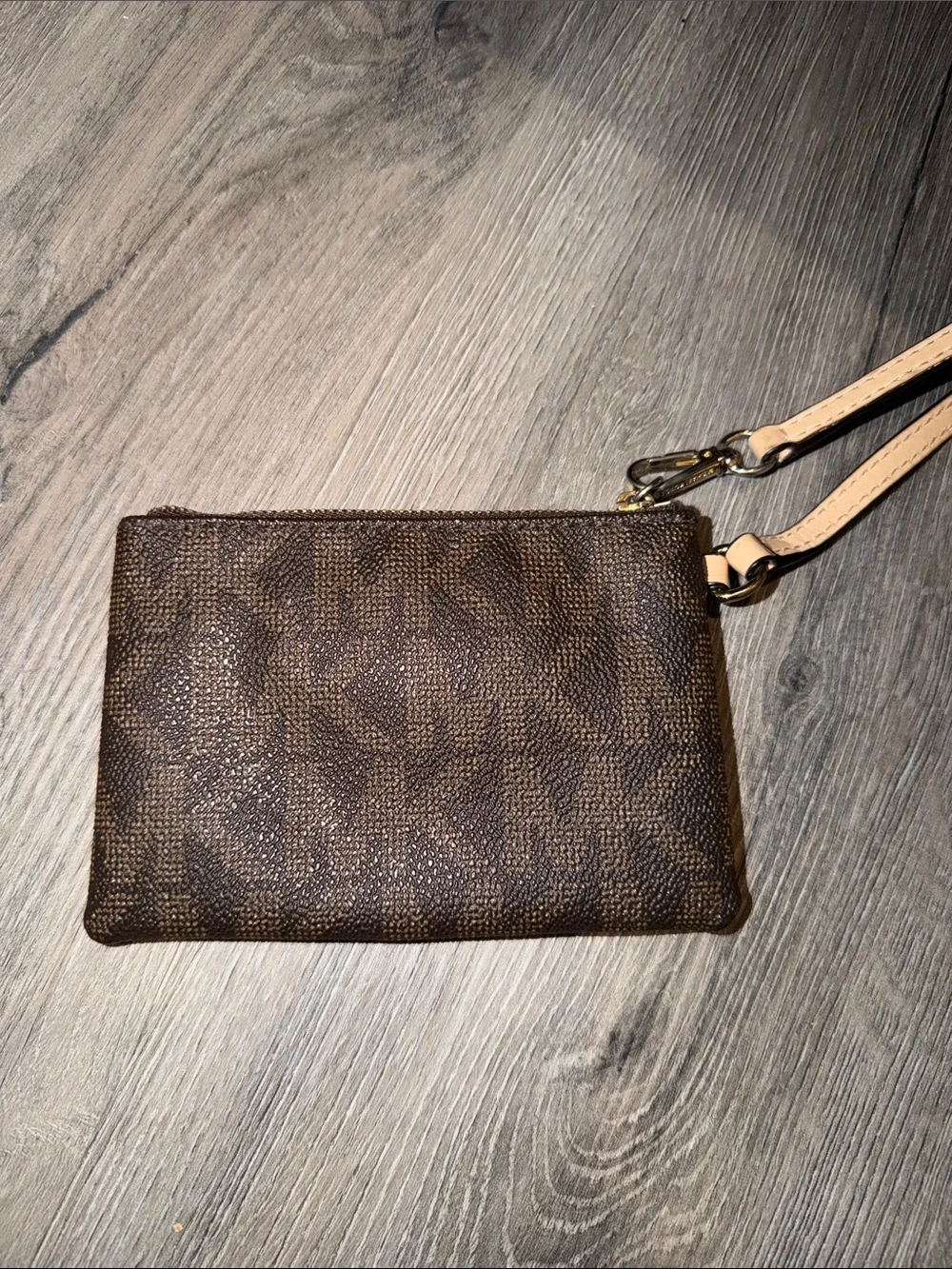 Michael Kors Dark Brown Logo Print Wristlet with Gold Plaque
